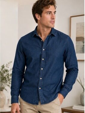 Zara Man Slim Fit Indigo Chambray Button-Up Shirt | Men’s XL